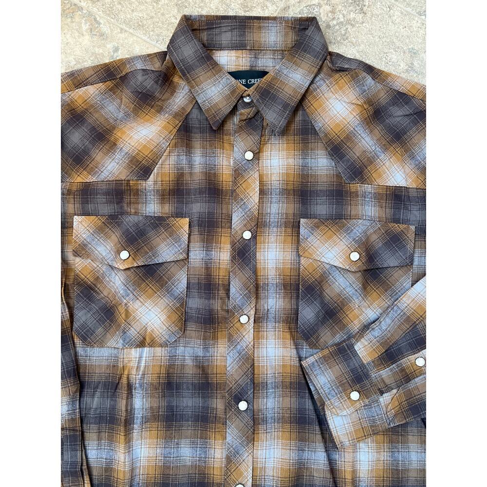 Stone Creek Brown Gray Plaid Flannel Snap down Western Shirt, Men's L  NWOT
